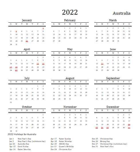 2022 Australia Calendar With Holidays | Allcalendar