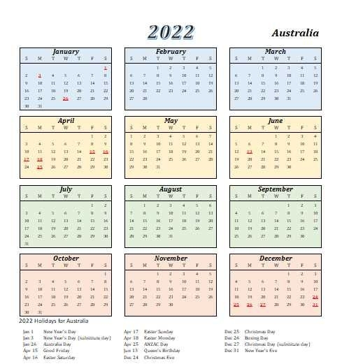 2022 Australia Calendar With Holidays | Allcalendar