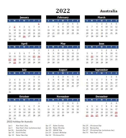 2022 Australia Calendar With Holidays | Allcalendar