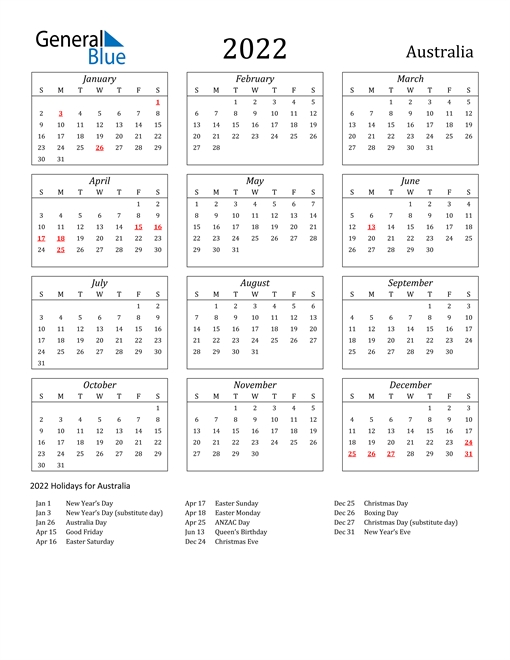 2022 Australia Calendar With Holidays