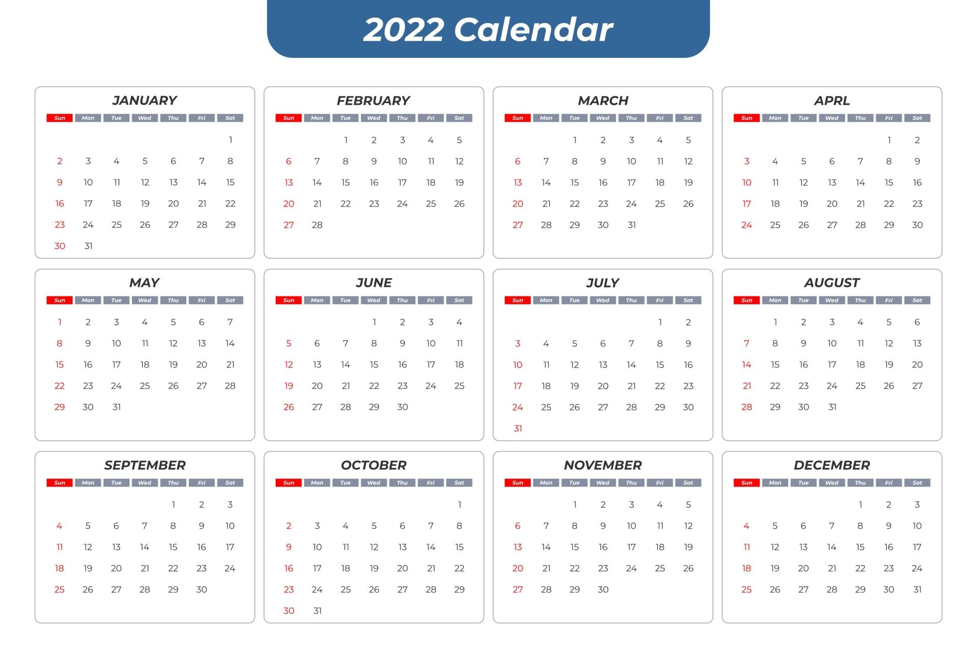 2022 Basic Calendar 2774857 Vector Art At Vecteezy