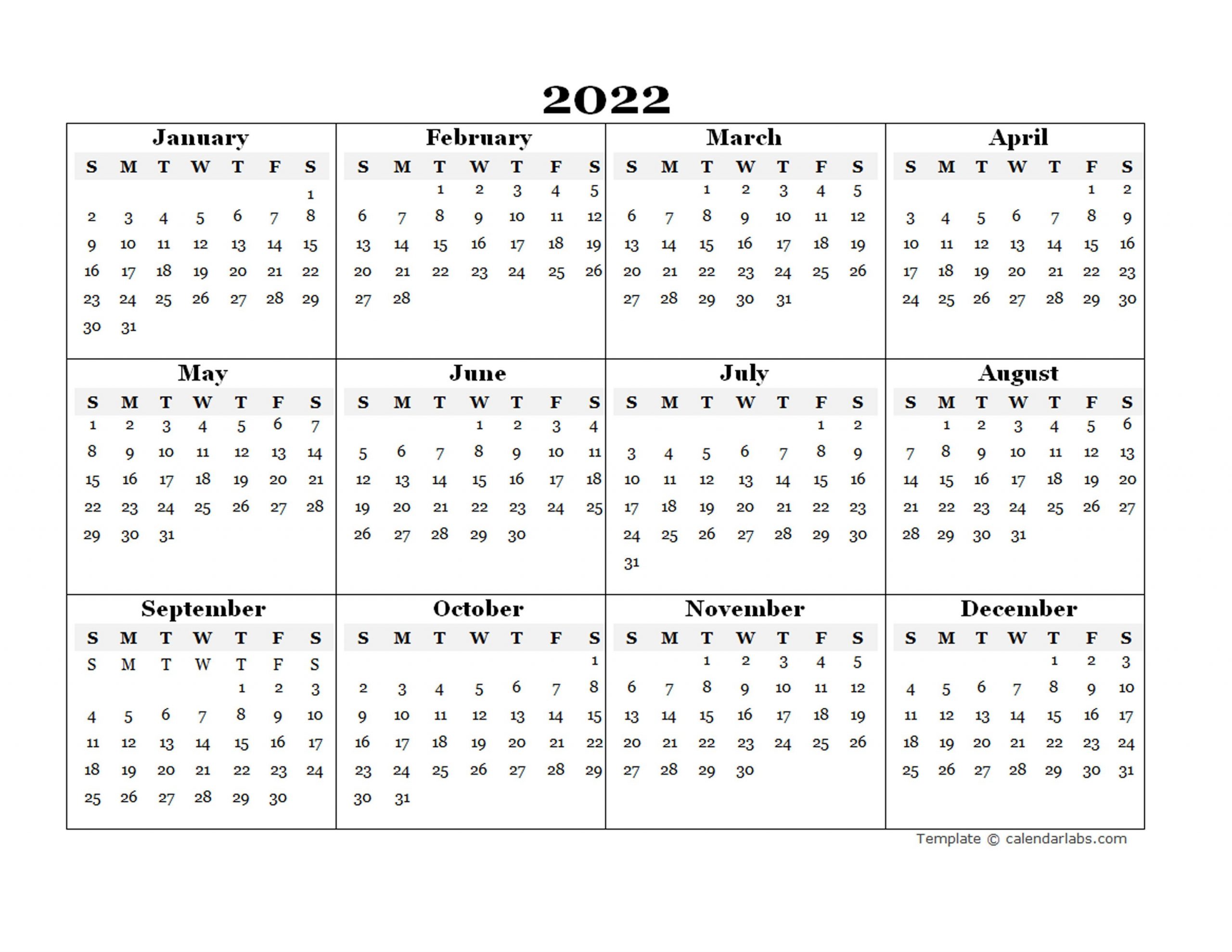 2022 Blank Yearly Calendar Template - Free Printable Templates