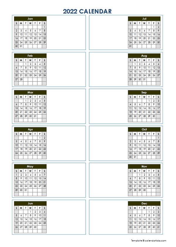 2022 Blank Yearly Calendar Template Vertical Design - Free