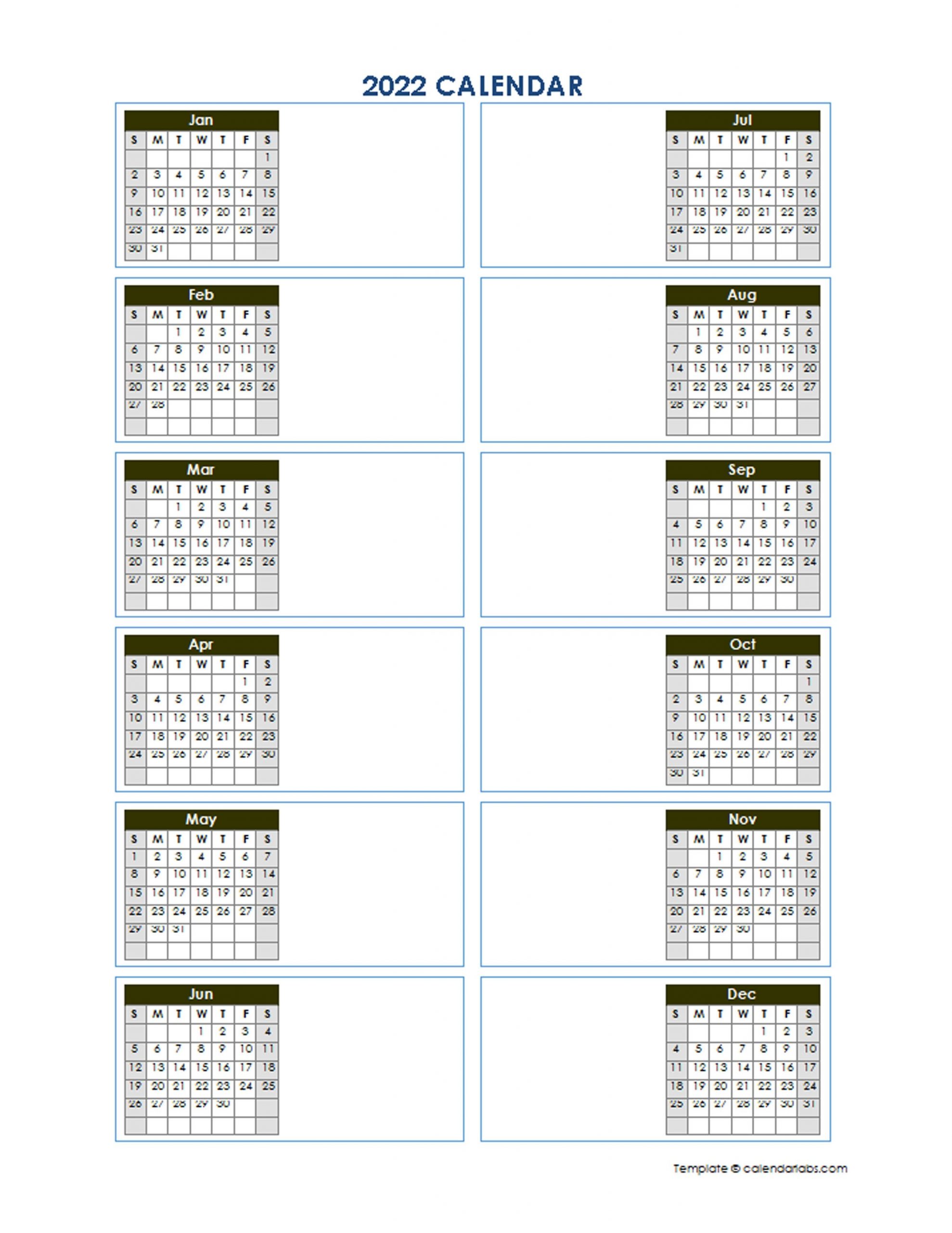 2022 Blank Yearly Calendar Template Vertical Design - Free