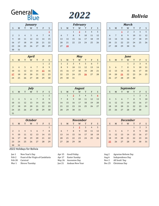 2022 Bolivia Calendar With Holidays