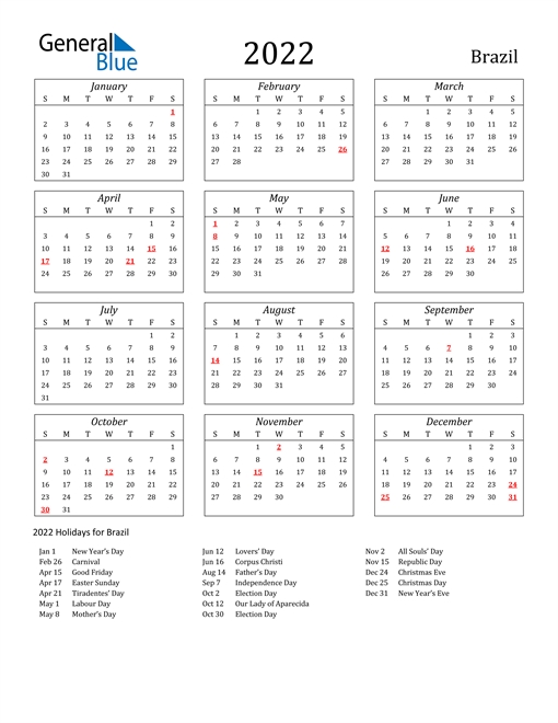 2022 Brazil Calendar With Holidays
