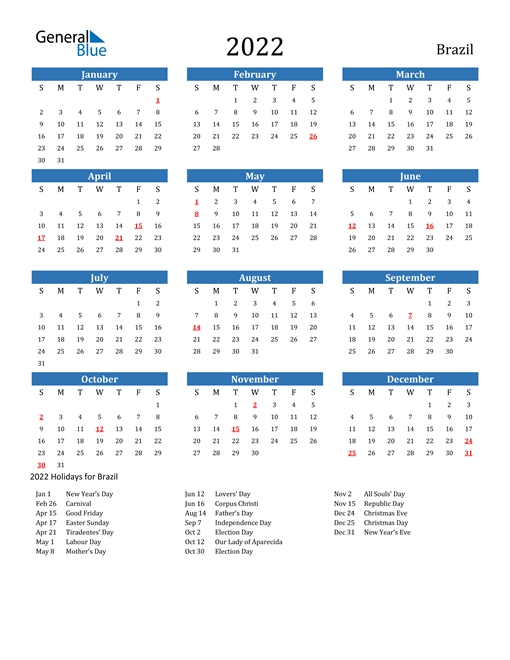 2022 Brazil Calendar With Holidays