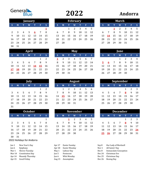 2022 Calendar - Andorra With Holidays
