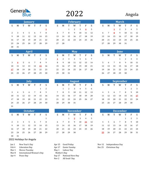 2022 Calendar - Angola With Holidays