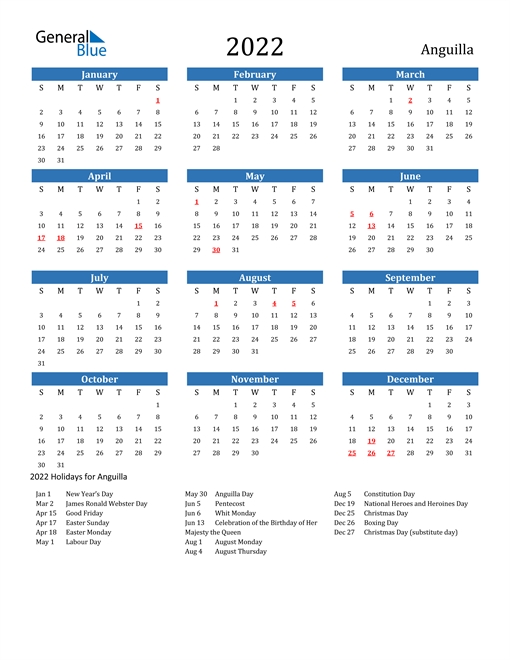 2022 Calendar - Anguilla With Holidays
