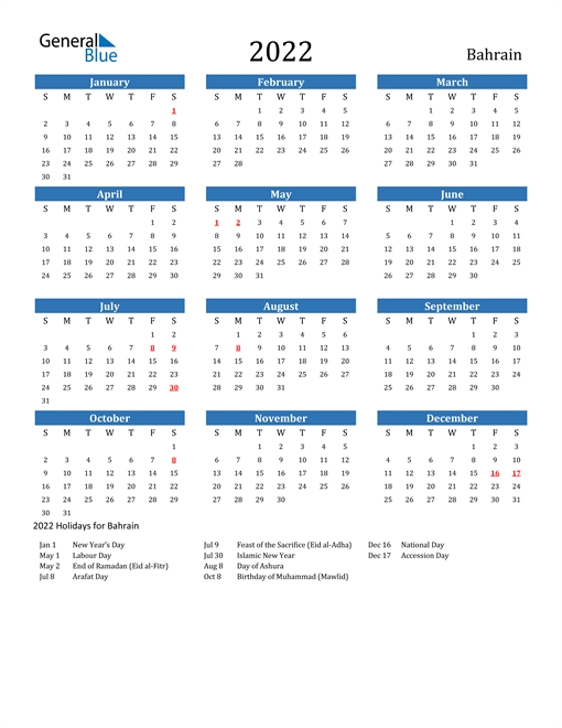 2022 Calendar - Bahrain With Holidays