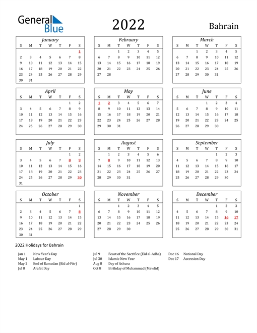 2022 Calendar - Bahrain With Holidays