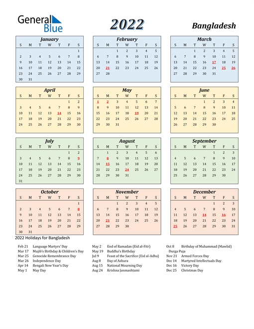 2022 Calendar - Bangladesh With Holidays