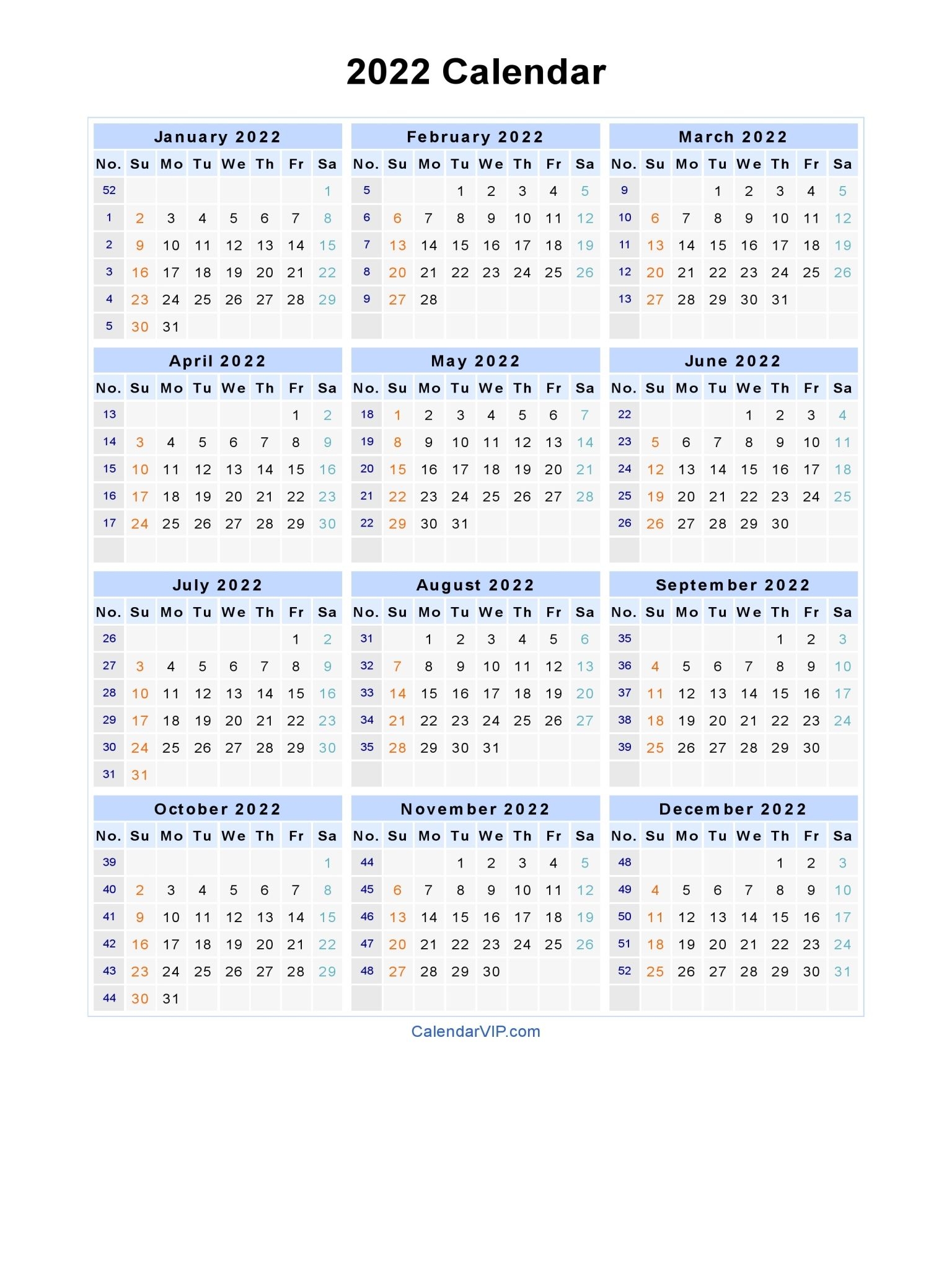 2022 Calendar - Blank Printable Calendar Template In Pdf