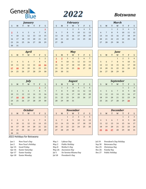 2022 Calendar - Botswana With Holidays