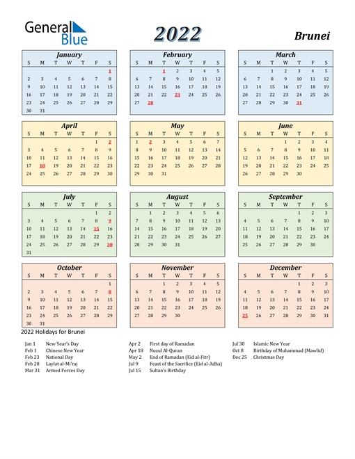 2022 Calendar - Brunei With Holidays