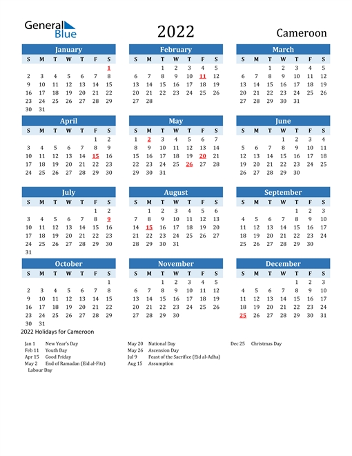 2022 Calendar - Cameroon With Holidays