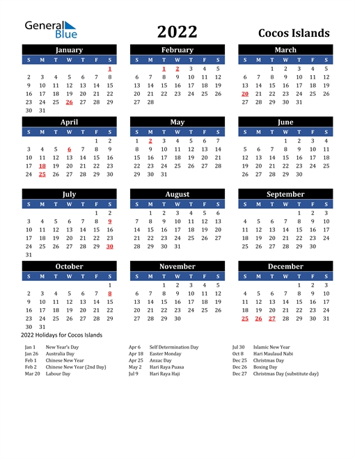 2022 Calendar - Cocos Islands With Holidays