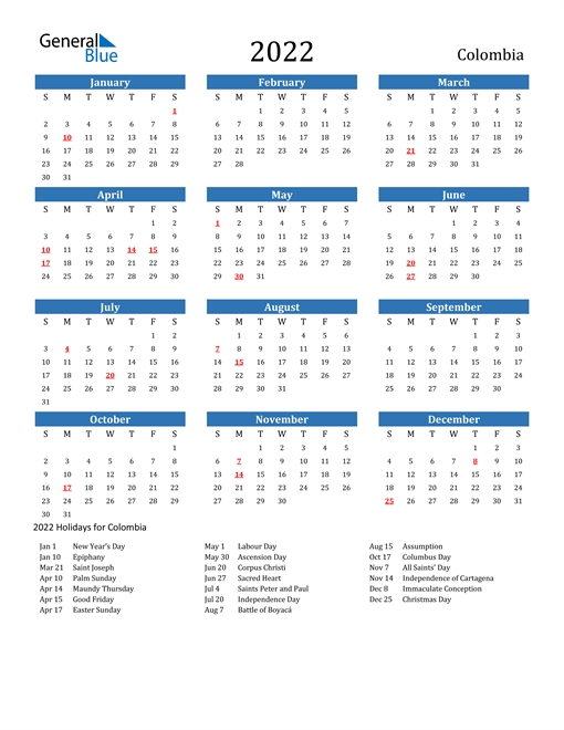 2022 Calendar - Colombia With Holidays