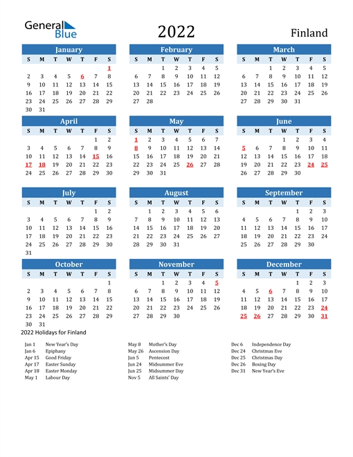 2022 Calendar - Finland With Holidays