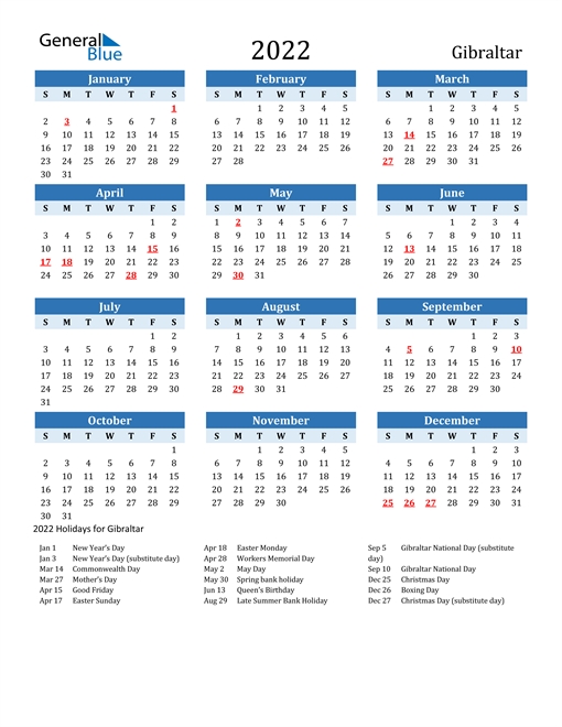 2022 Calendar - Gibraltar With Holidays