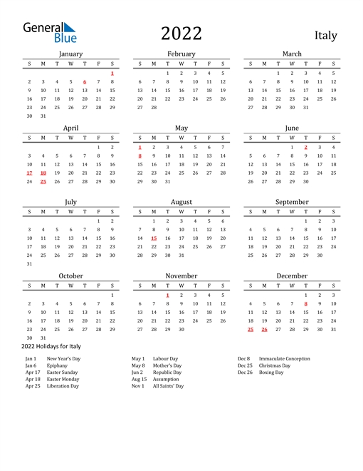 2022 Calendar - Italy With Holidays