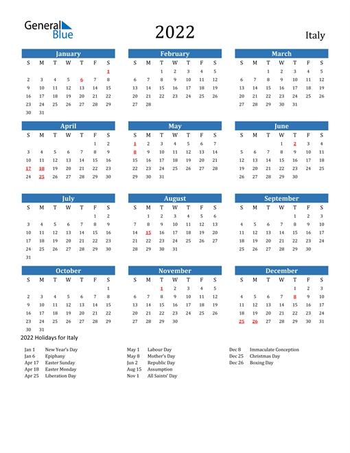 2022 Calendar - Italy With Holidays