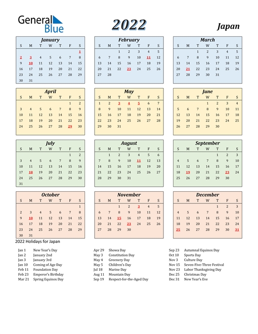 2022 Calendar - Japan With Holidays