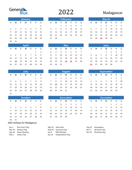 2022 Calendar - Madagascar With Holidays