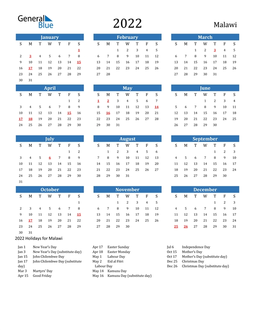 2022 Calendar - Malawi With Holidays
