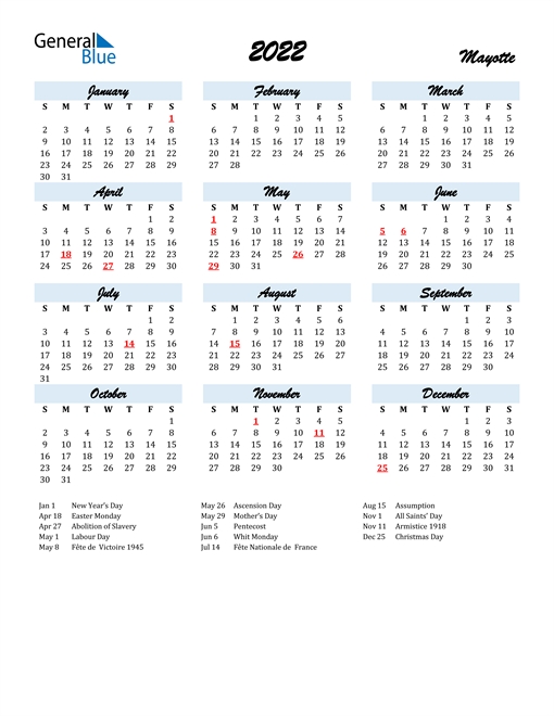 2022 Calendar - Mayotte With Holidays