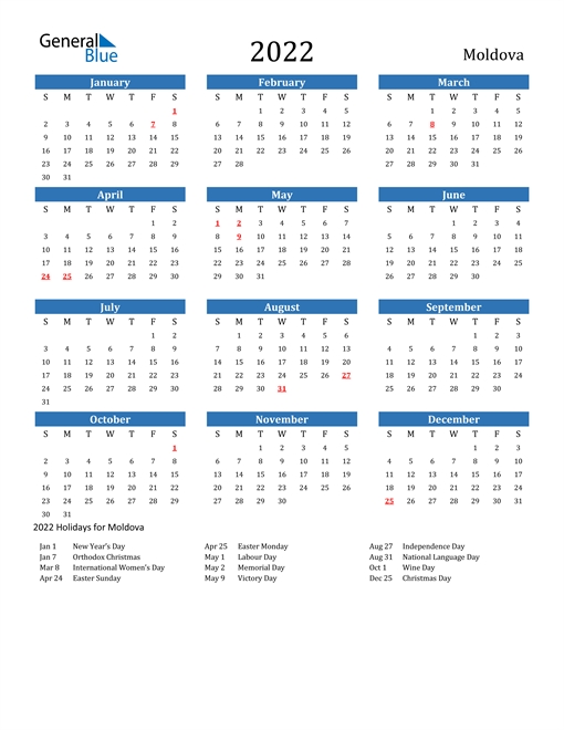 2022 Calendar - Moldova With Holidays