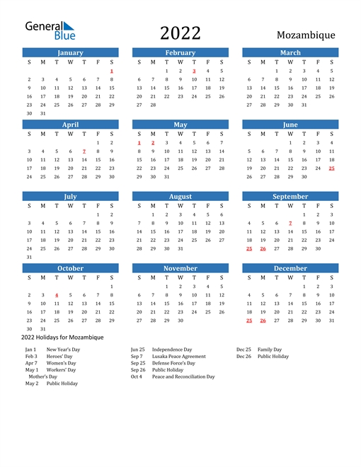 2022 Calendar - Mozambique With Holidays