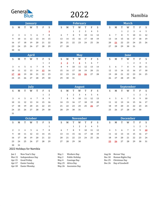 2022 Calendar - Namibia With Holidays