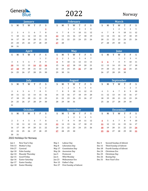 2022 Calendar - Norway With Holidays