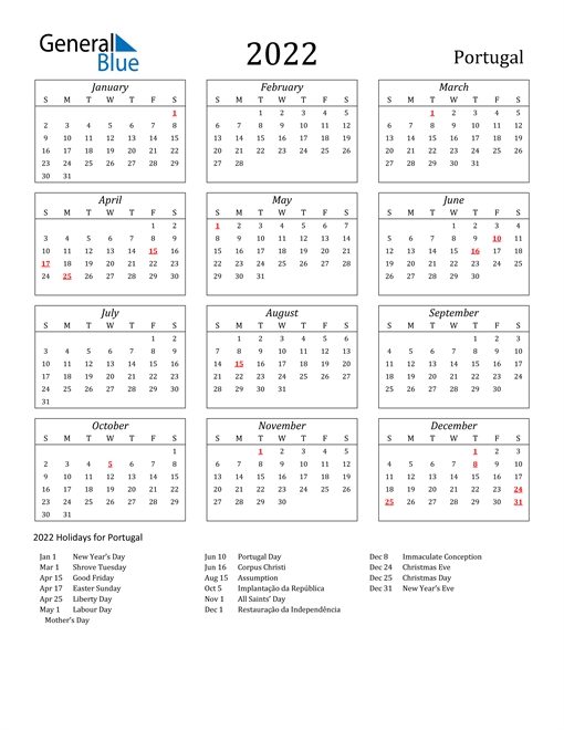 2022 Calendar - Portugal With Holidays