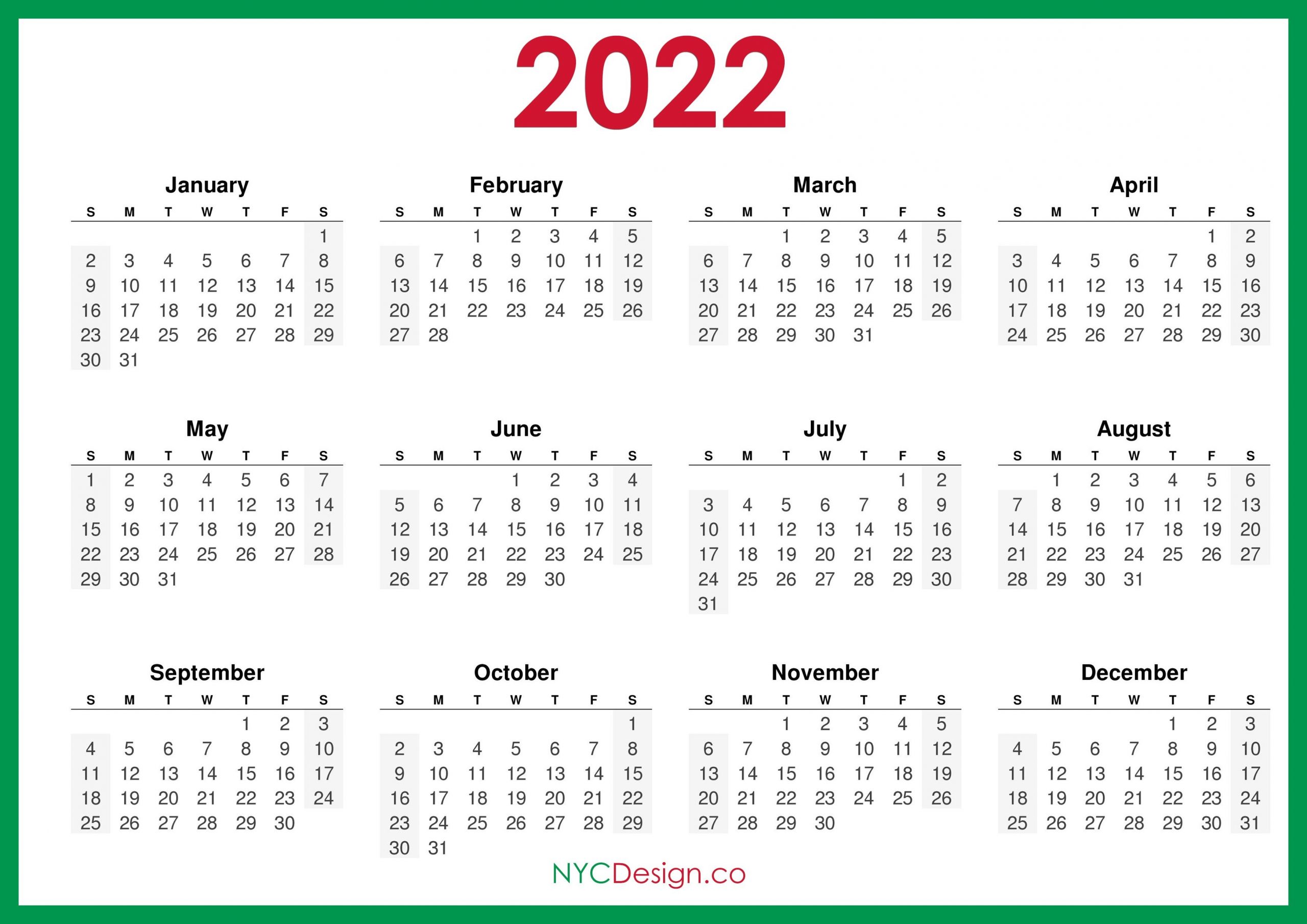 2022 Calendar Printable Free, Horizontal, Green, Hd