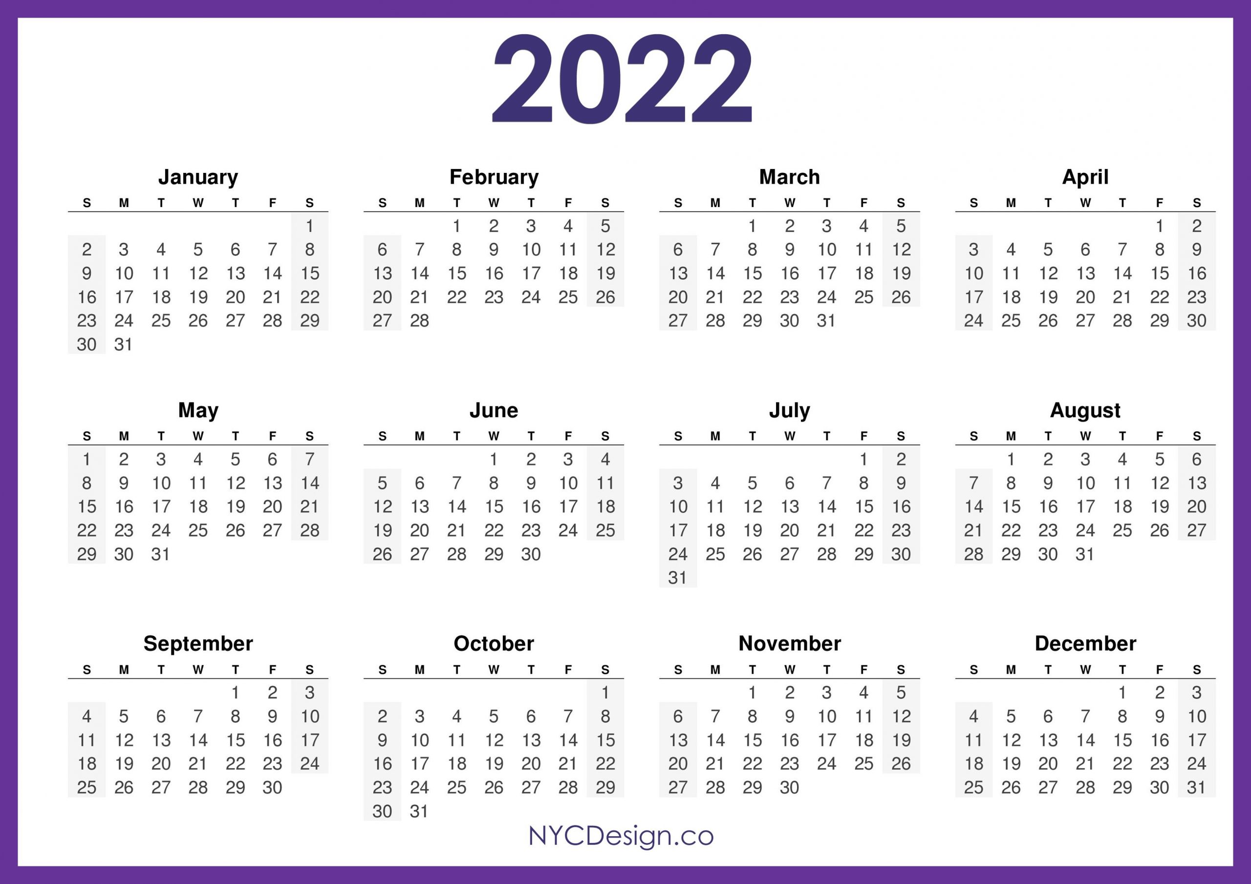 2022 Calendar Printable Free, Horizontal, Purple, Hd