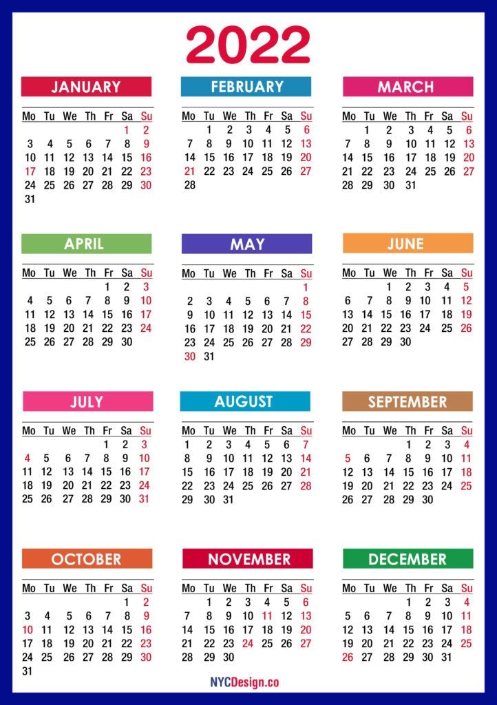 2022 Calendar Printable Free, Pdf, Colorful - Monday Start