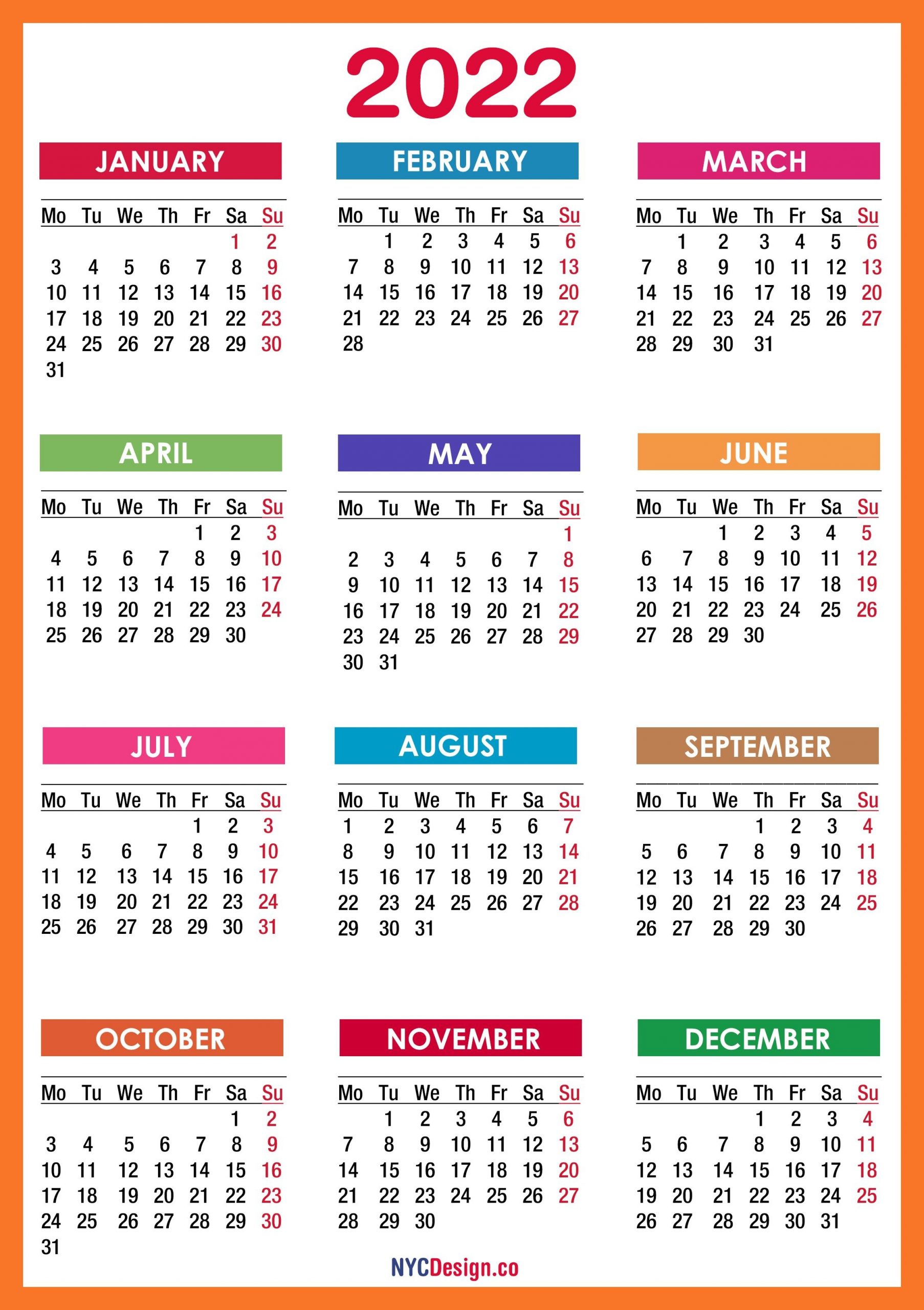 2022 Calendar Printable Free, Pdf, Colorful, Red, Orange