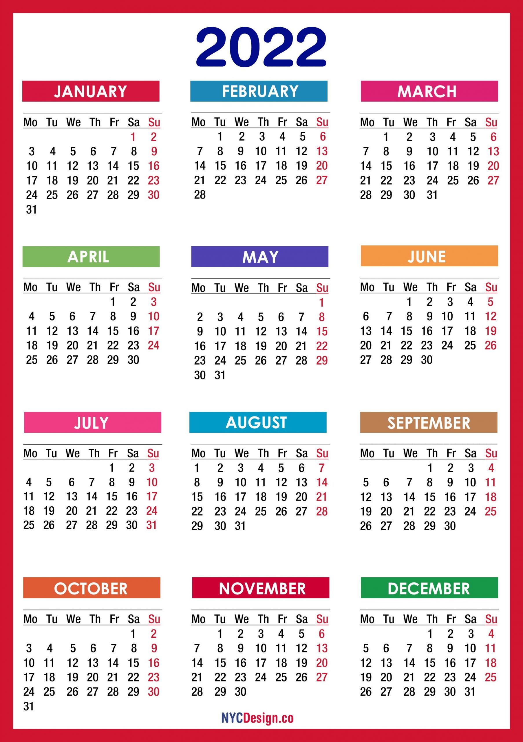 2022 Calendar Printable Free, Pdf, Colorful, Red, Orange