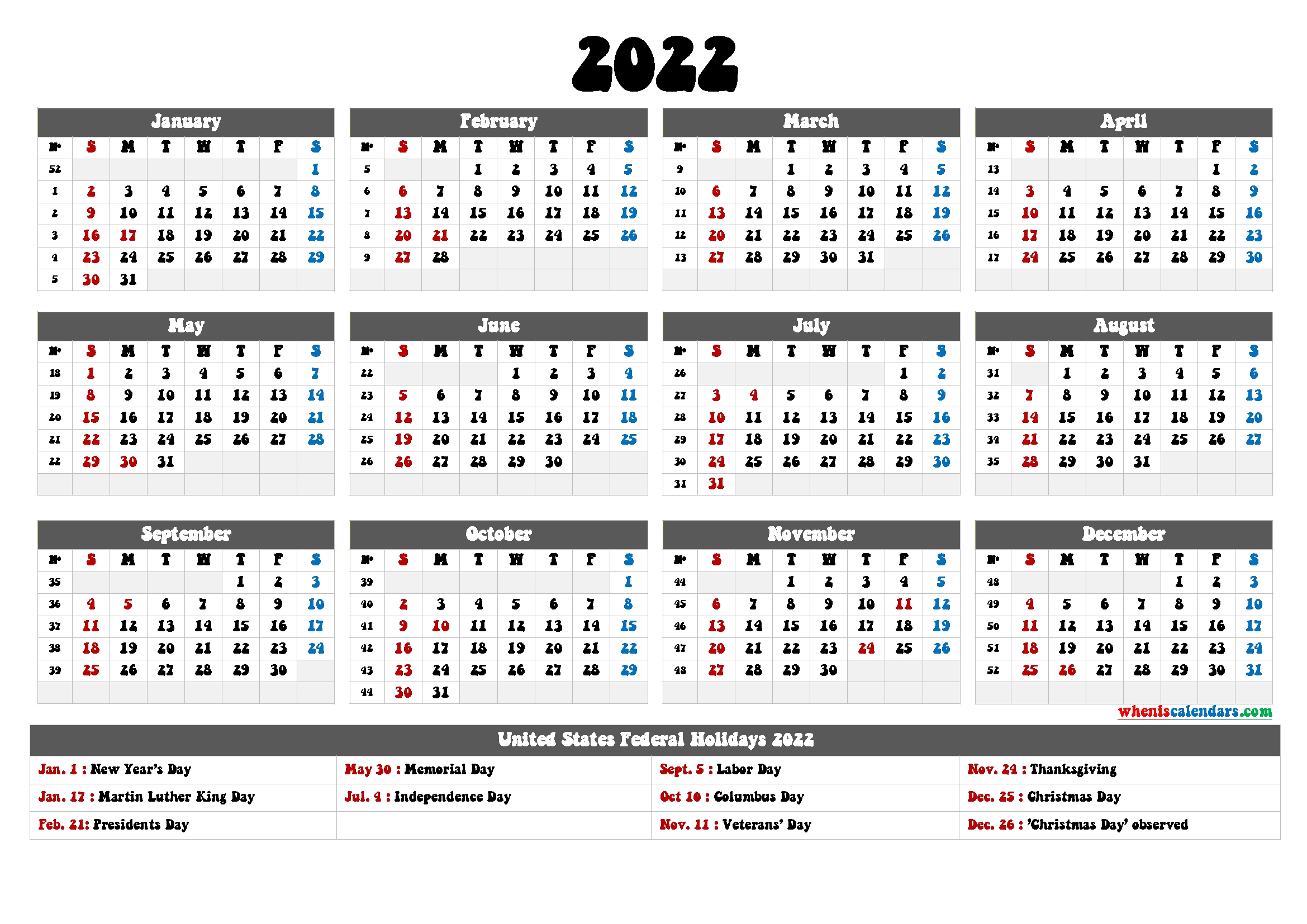 2022 Calendar Printable Pdf - 6 Templates