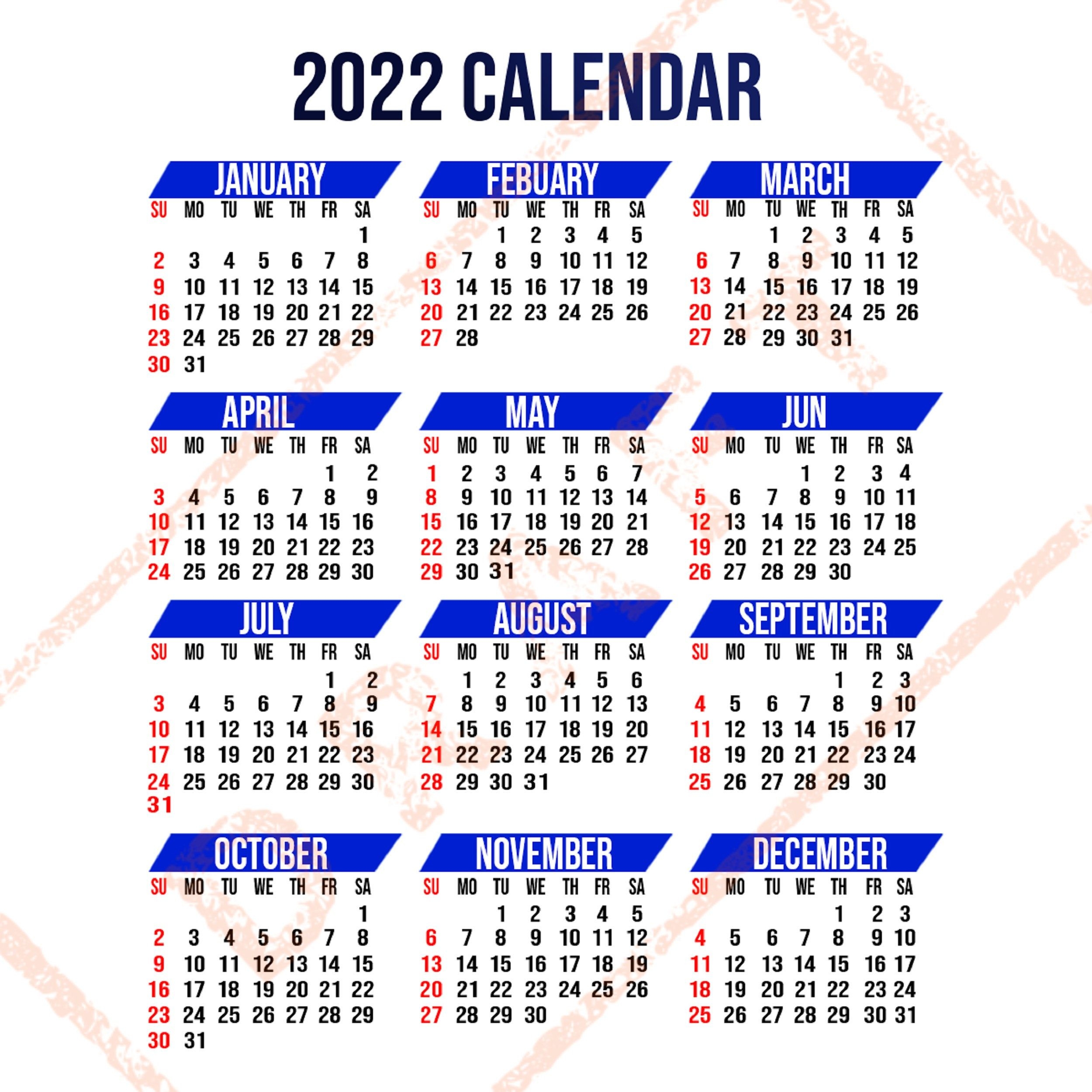 2022 Calendar Printable Yearly Calendar 12-Months Calendar