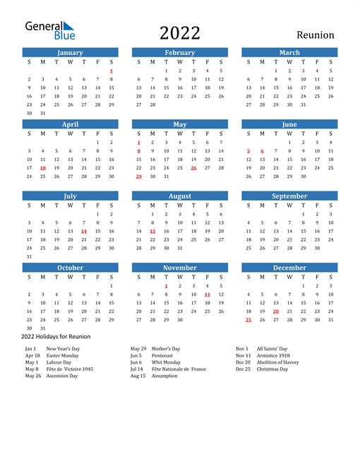 2022 Calendar - Reunion With Holidays
