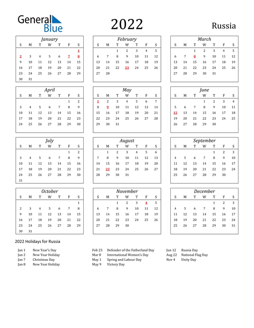 2022 Calendar - Russia With Holidays