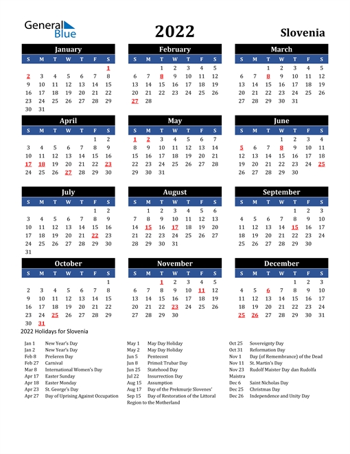2022 Calendar - Slovenia With Holidays