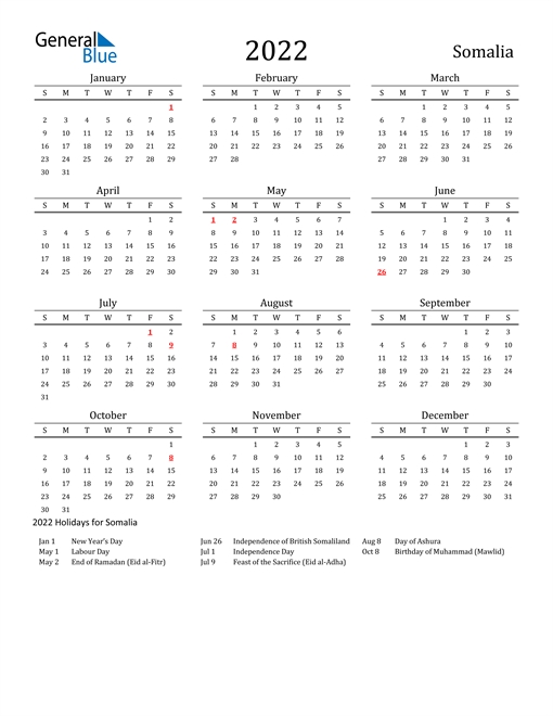 2022 Calendar - Somalia With Holidays