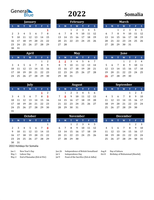 2022 Calendar - Somalia With Holidays