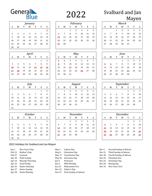 2022 Calendar - Svalbard And Jan Mayen With Holidays