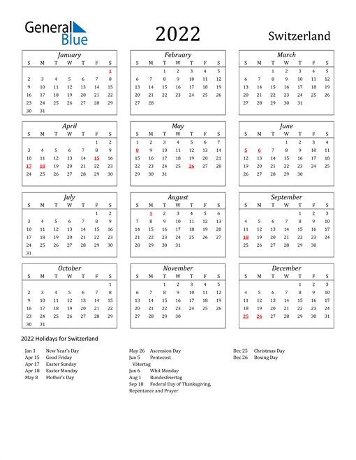 2022 Calendar - Switzerland With Holidays